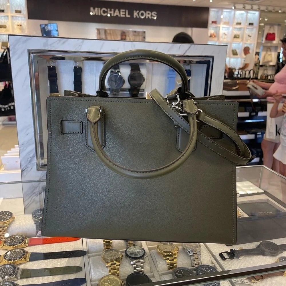 MICHAEL KORS Hamilton Med Leather and Snake Embossed Stripe Satchel Olive  NWT